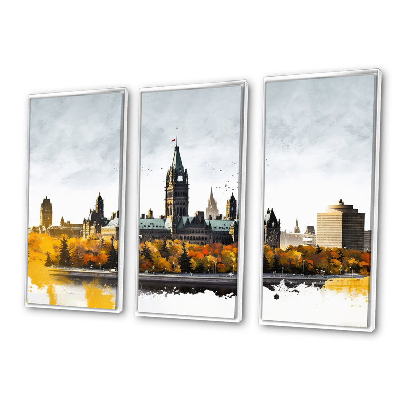 Ottawa in the Fall I - 3 pièces sur toile, H 28 po x l 36 po x P 1 po, Cadre flottant blanc