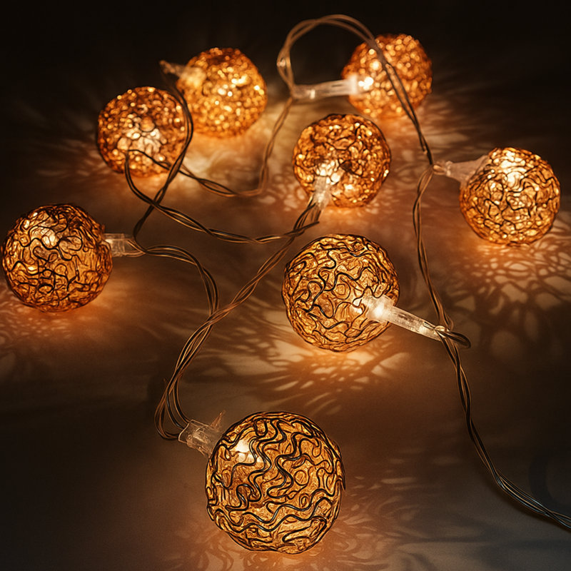 Ensemble de 3 guirlandes de boules en cuivre tissé or rose - 10 mini lumières sphériques DEL, blanc chaud, 2,4 pi