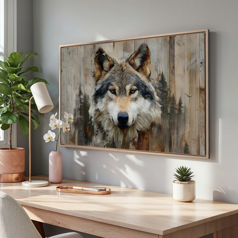 Art sur toile, "Rustic Timber Wolf" avec pin, 36" W x 24" H, Rose Gold Floater Frame