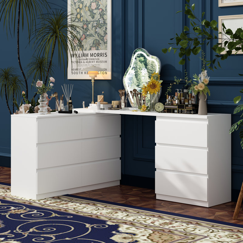Brance White Convertible Makeup Table Vanity Desk with 9 Drawers