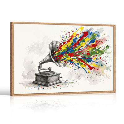 Vintage Gramophone Bursting Colorful Paint Splatter Canvas Wall Art