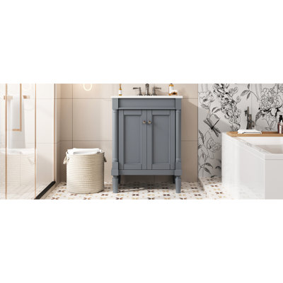 Meuble-lavabo de 24 po avec lavabo supérieur, armoire de rangement à 2 niveaux de style rétro offrant un bassin en céramique lustré et spacieux pour la décoration avec cadre en bois massif, planches, charnières à fermeture douce