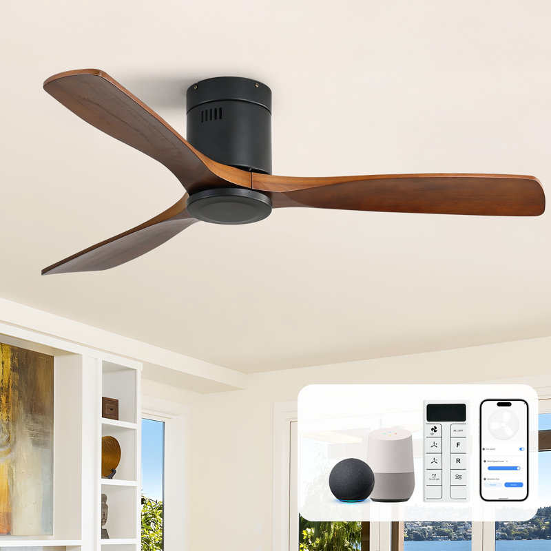 52" Smart Black Flush Mount 3-Blade Solid Wood Ceiling Fan (No Light), With Smart Speakers/Apps/Remote Control, Black / Brown