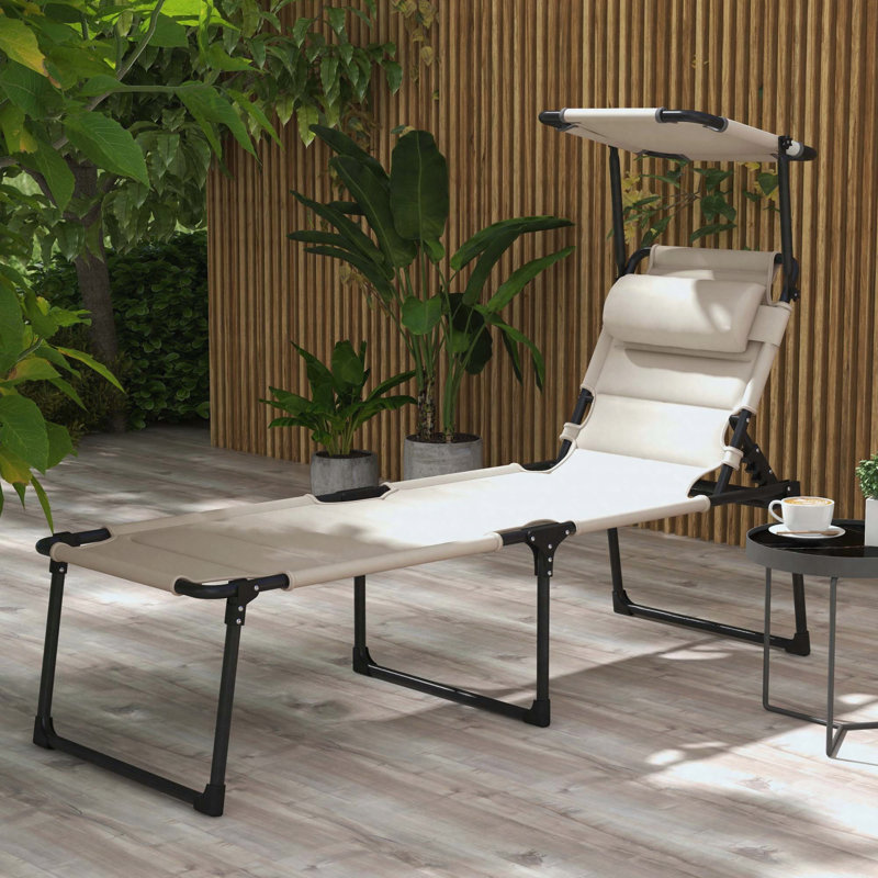 Chaise longue pliante avec auvent pare-soleil, cadre réglable en acier Oxford à 4 niveaux réglable blanc crème