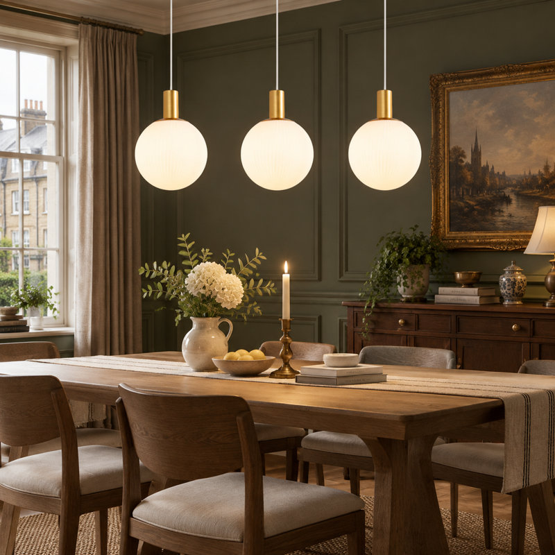 3 -Light Kitchen Island White Glass Pendant