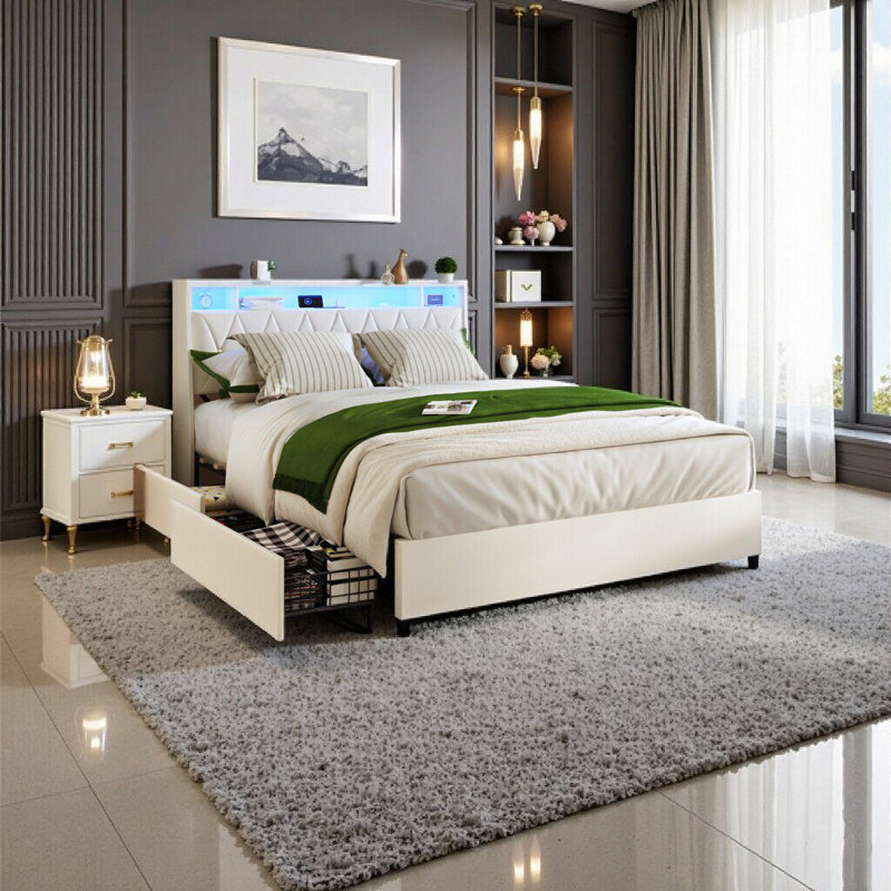 Élégant cadre de grand lit avec tête de lit ergonomique, prises intégrées et lumière DEL, aucun sommier nécessaire, Blanc
