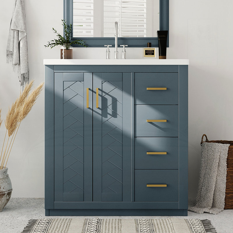 Meuble-lavabo 30 po avec lavabo en céramique, Doré, Bleu
