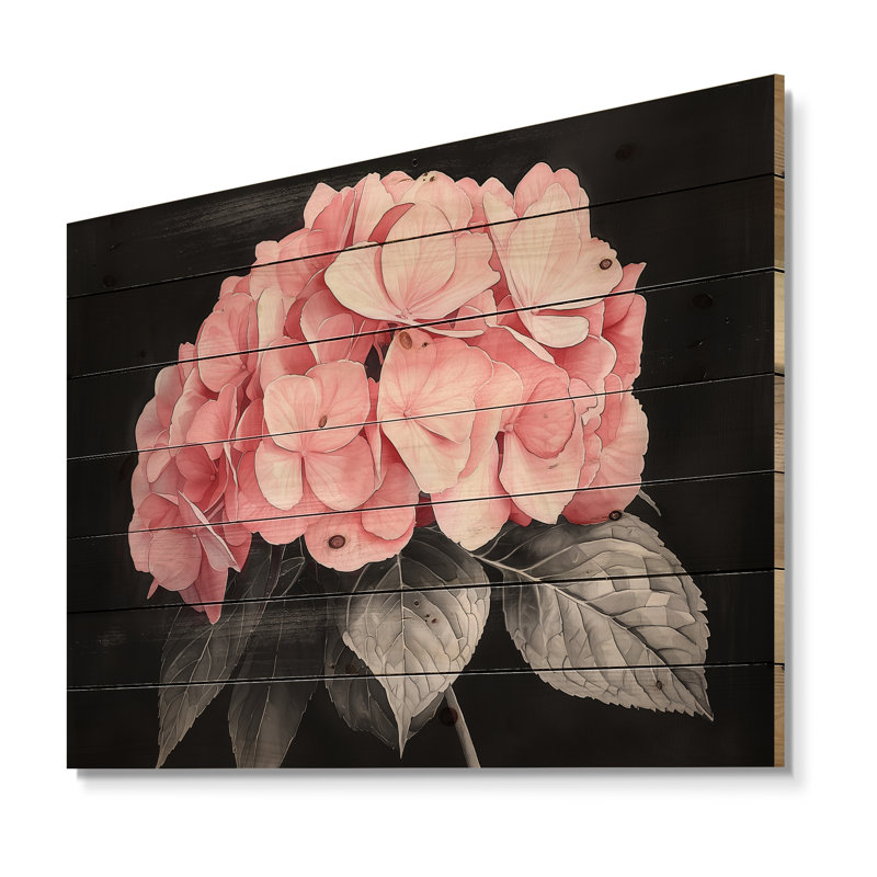 Hortensias avec une douce floraison de roses I - décoration murale en bois d'hortensias - sur bois de pin naturel
