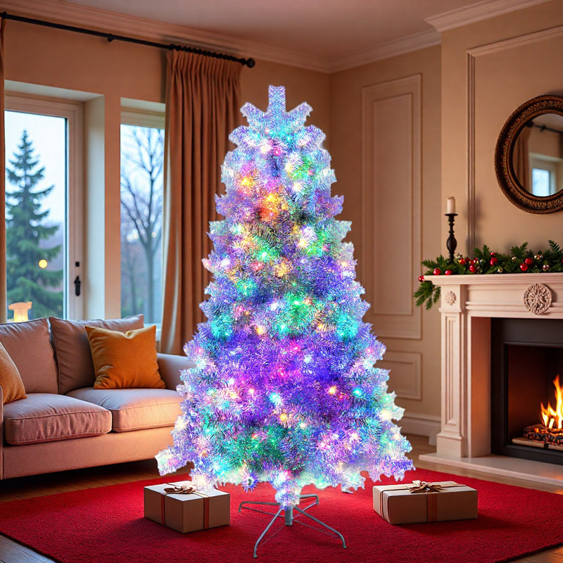 Arbre de Noël artificiel pré-éclairé avec base en métal, 800 branches, 300 lumières DEL et 11 modes d'éclairage Sliver