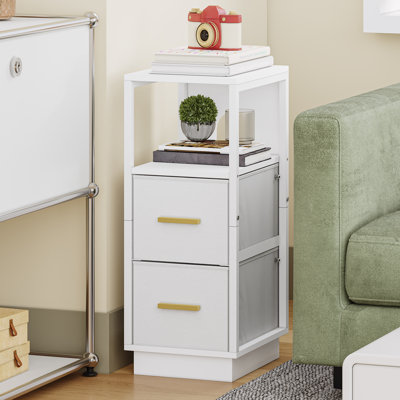 Slim Bedside Tables Set of 2, Side End Table with 2 Fabric Drawer, Metal Frame Bedside Cabinet with Open Compartment, Narrow Nightstand for Bedroom, Livingroom 