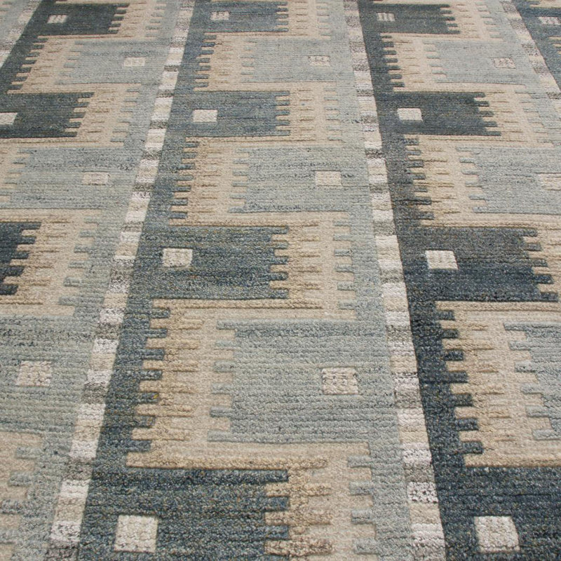 Rug & Kilim’S Scandinavian-Inspired Geometric Blue And Beige Wool Pile Rug, Rectangle 9' x 12'