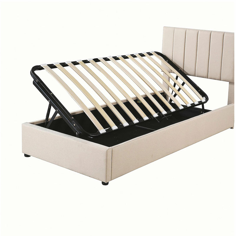 Lit plateforme double rembourré avec système de rangement hydraulique, Beige