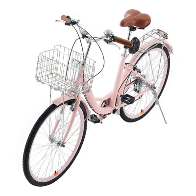 Cruiser Bike, 7-Speed, 26-Inch Pink Beach Cruiser Bike with Large Capacity Basket and Rear Rack, Secure & Sturdy Cruiser Bike with Adjustable Seat, Fi