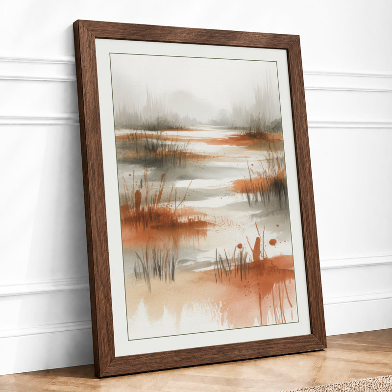 Misty Wetland Dawn Scandinavian - Framed Print, A4 - 29.7 x 21.0 cm, Walnut