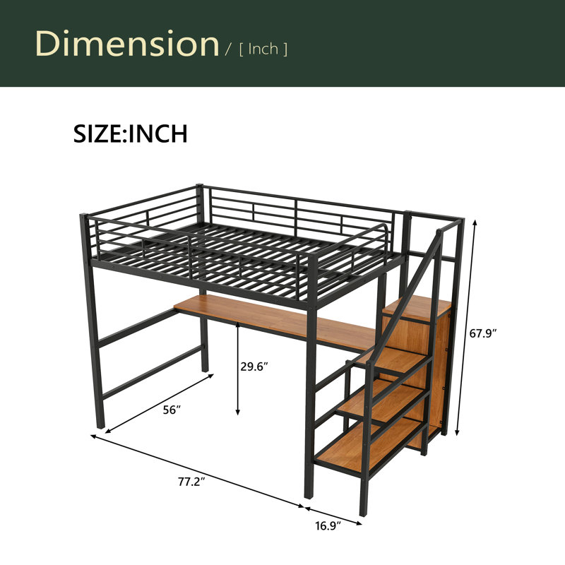 Lit mezzanine double en métal avec bureau, escalier de rangement, petite armoire et lumière DEL