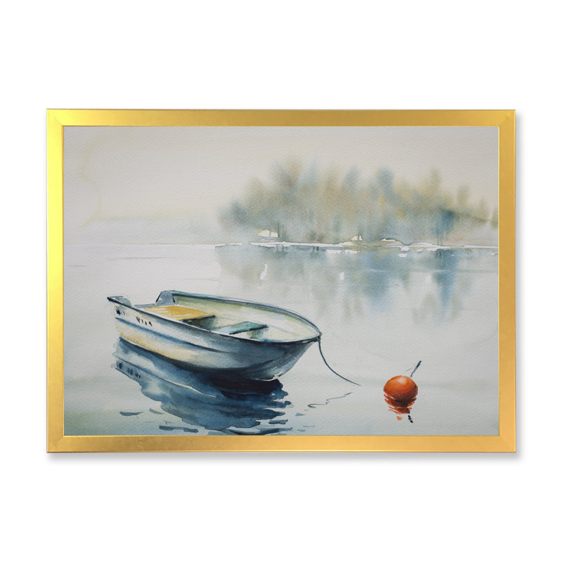 Bateau abstrait en bois dans un lac - reproduction d'art sur toile, H 16 po x l 32 po x P 1 po, Cadre doré