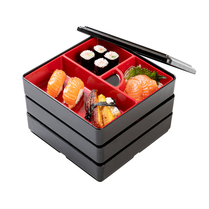 Boîte à repas à 5 compartiments de 8,3 po x 5,9 po, 1 contenant de style japonais pour adulte - 3 couches empilables, boîte de repas divisée en plastique noir et rouge, résistant aux graisses, aliments chauds et froids