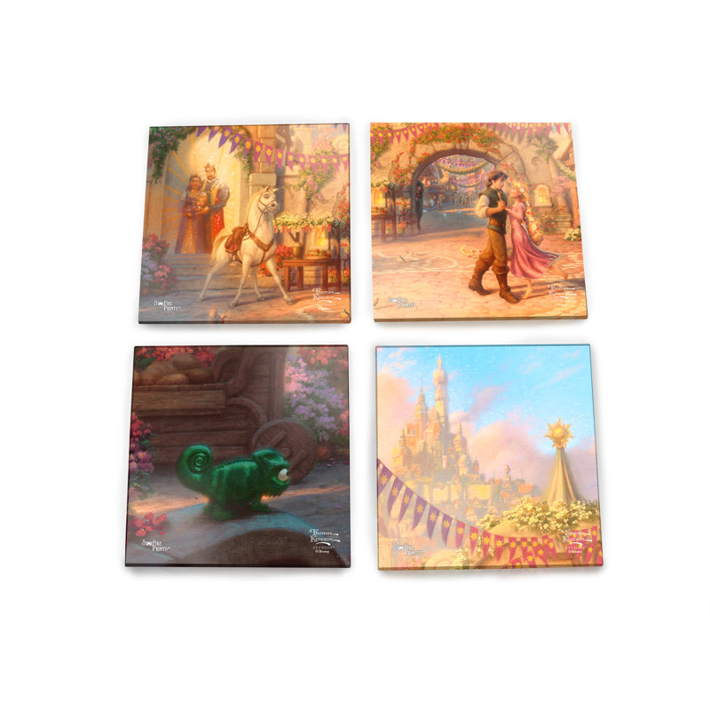 (Symboles) Ensemble de sous-verres en verre Starfire, ThomasKinkade / RapunzelDancingIn TheSunlitCourtya