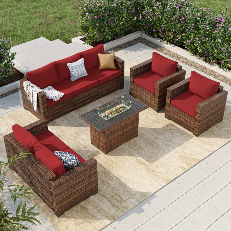 5-Pieces Wide Armrest Outdoor Sectional Rattan Conversation Set with Fire Fit Table., Red