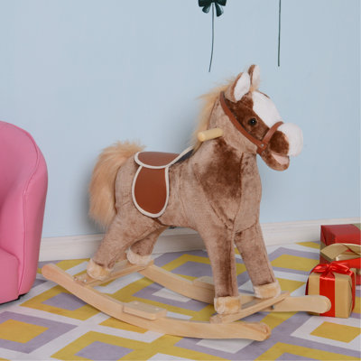 Cheval à bascule QABA pour enfants, chaise berçante en peluche pour tout-petit, base en bois avec poignée et poignée, jouet traditionnel pour enfants de 36 ans et plus, brun （Il est conçu pour un seul cavalier.