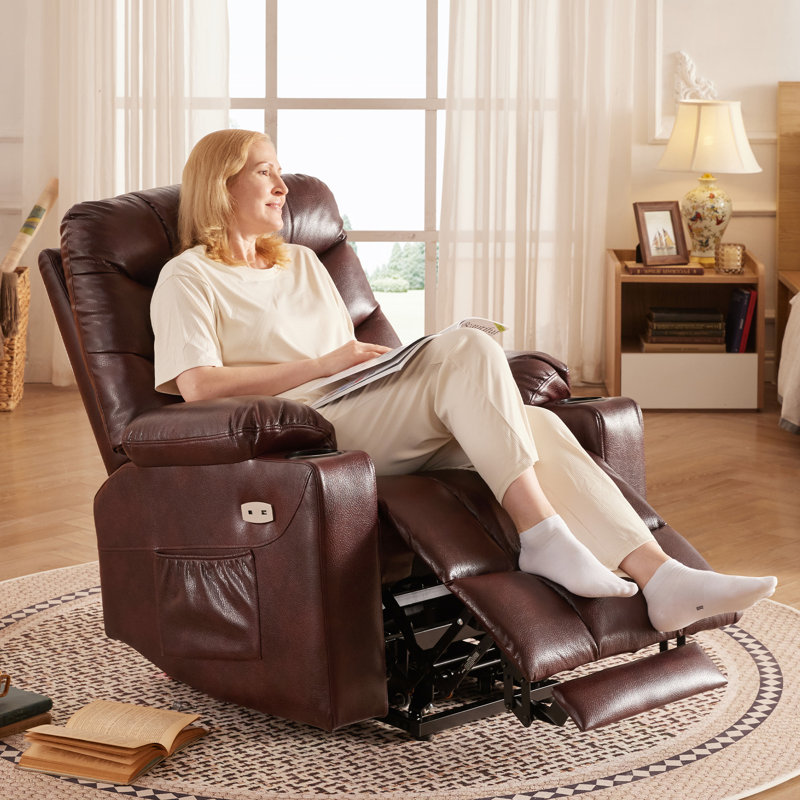 Dual Motor Heating Massage Elderly-Movable Recliner Chair with Wheels and Power Supply, Brown