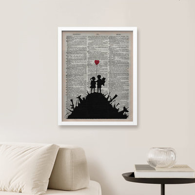 "Enfants jouant sur des fusils et des armes, journal rétro Banksy, vieux gris foncé, paix et amour" sur papier