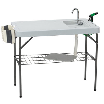 Folding Fish Cleaning Table with Sink, Portable Camping Table with Faucet Drainage Hose & Sprayer, Outdoor Fish Fillet Cleaning Station with Grid Rack for Picnic Fishing
