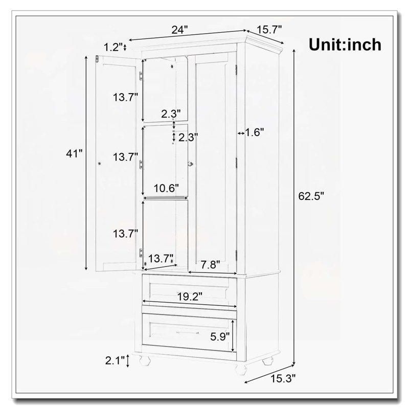 Armoire de rangement autoportante avec 2 tiroirs, tablette réglable, Blanc