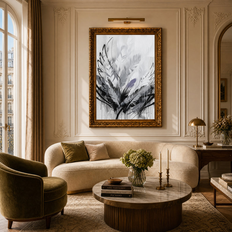 Tableau abstrait noir et blanc sur toile représentant des plumes, H 24 po x l 16 po