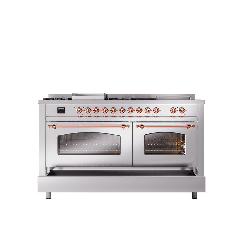 ILVE Nostalgie II 60 Dual Fuel Range, 5 Burners, Griddle, Frenchtop , Natural Gas, Stainless Steel/Copper