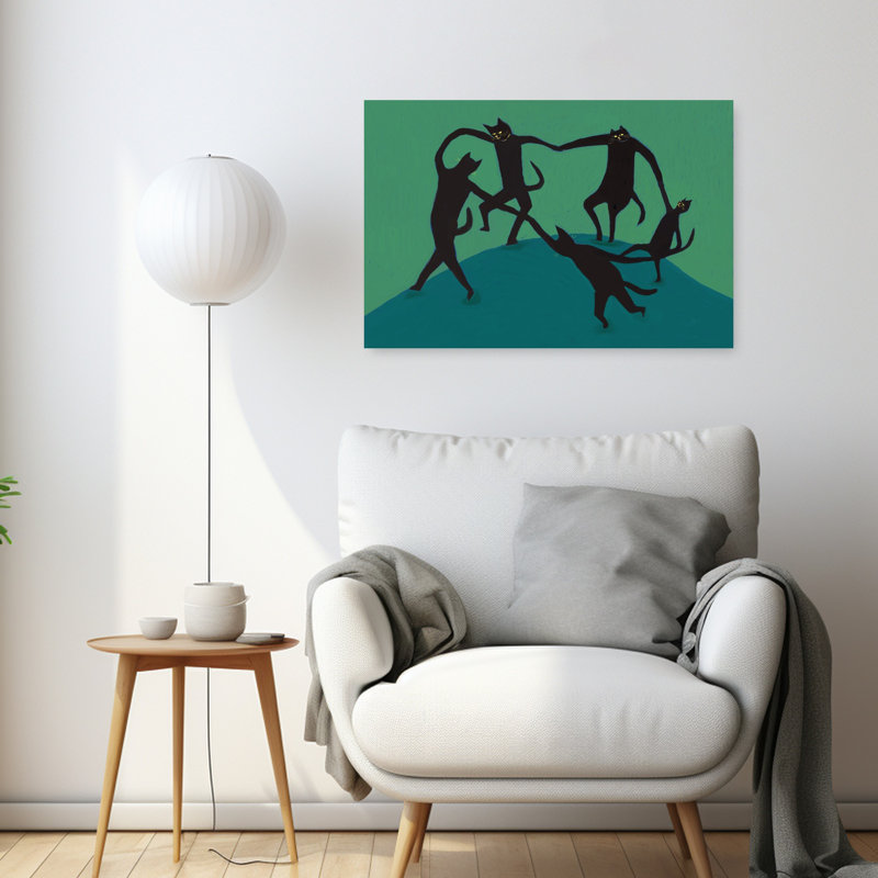 Chat noir dansant, art mural contemporain, 24" H x 36" W