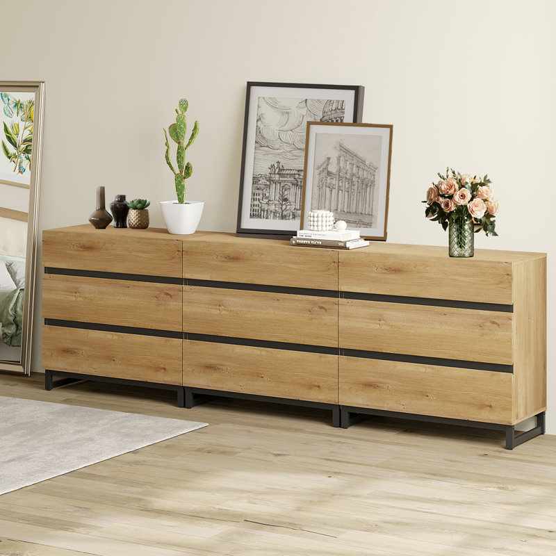 Aadam 9 Drawers Dresser, Oak Wood