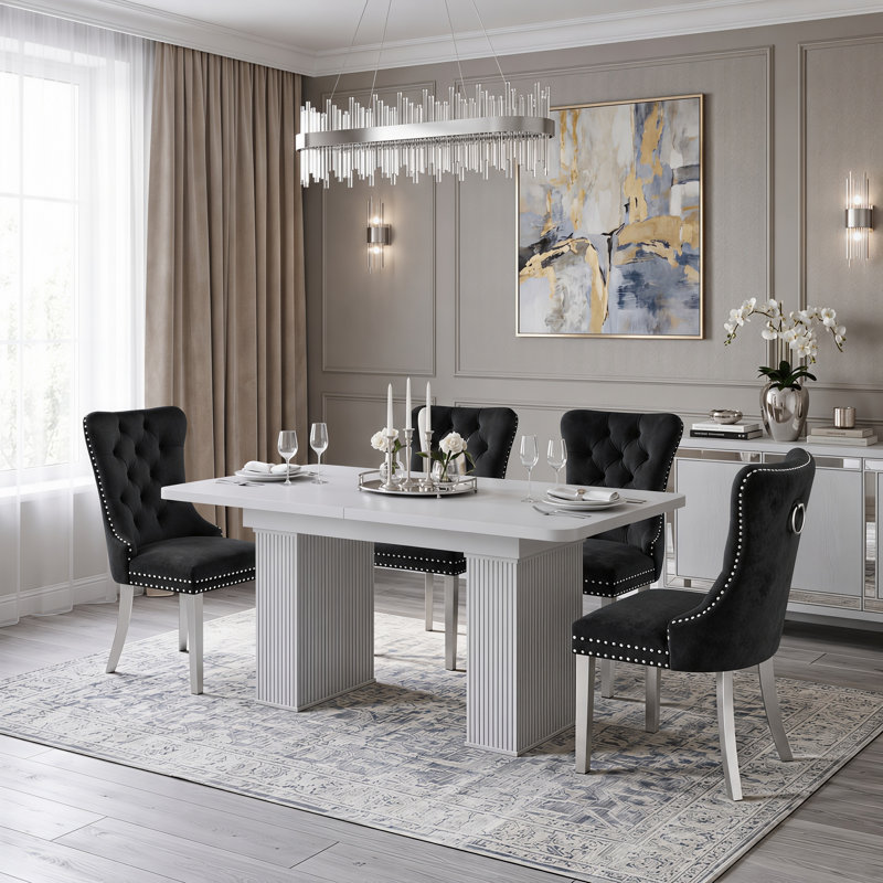 Ensemble de salle à manger extensible pour 4 à 8 personnes avec des chaises rembourrées en velours et une table centrale à double pied