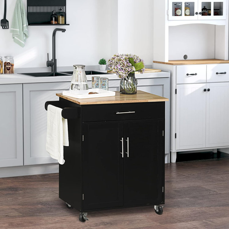 Îlot de cuisine avec chariot, tiroir, armoire de rangement et porte-serviettes, Noir