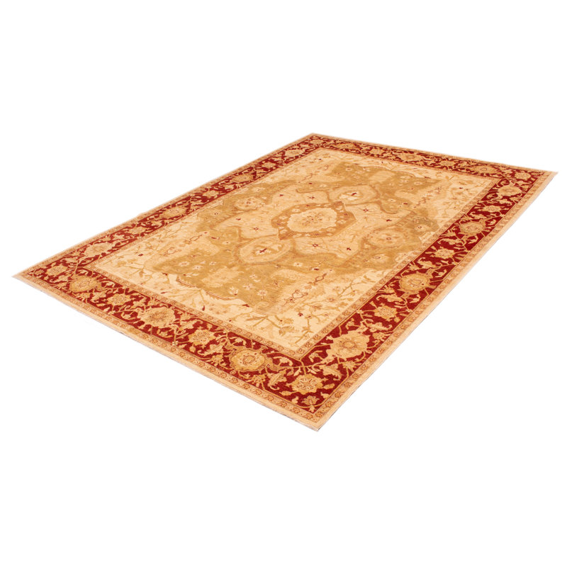 Tapis unique en laine noué à la main 9 pi 10 po x 13 pi 7 po nouvel âge Javi en crème / kaki clair / rouge foncé