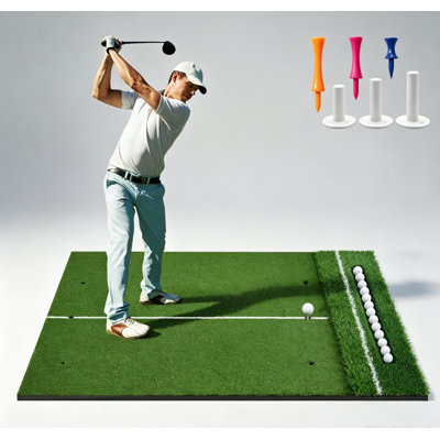 Tapis de golf à double surface avec bac à balles et deux revêtements synthétiques pour l'entraînement au swing à l'intérieur et à l'extérieur, dans le jardin, le garage et le practice.