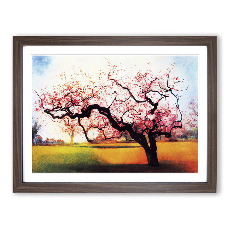Idyllic Plum Blossom Tree 1 Piece Single Picture Frame Painting, 46cm H x 64cm W x 2cm D, Walnut