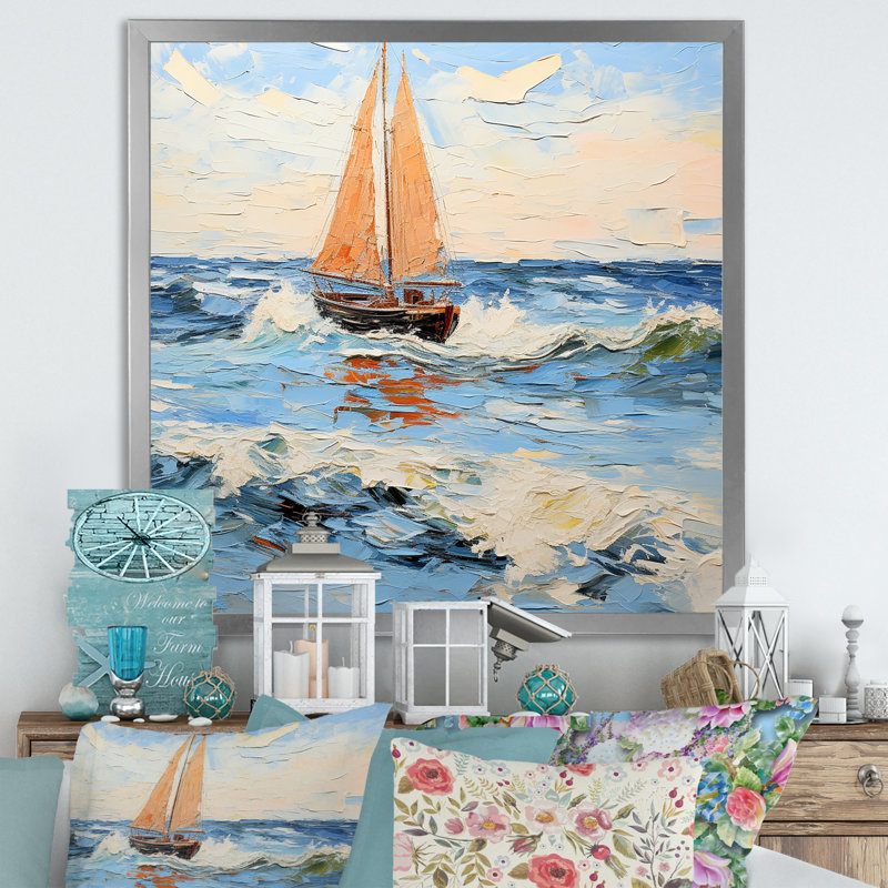 Bateau à voile orange orange Horizon III - bateau, art mural, Cadre simple argenté, H 16 po x l 16 po x P 1 po