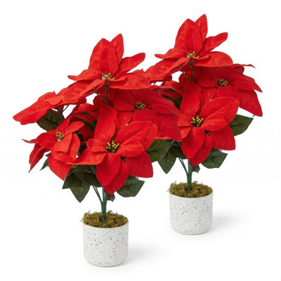 2 Pack Red Christmas Poinsettia Flowers in Pots, 18.9" Artificial Poinsettia Plants with Realistic Layered Petals, Speckled Pot and Moss Base for Holiday Indoor Decor, Table Centerpiece, Porch