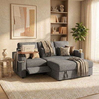 Canapé-lit convertible de 211 cm avec lit gigogne, canapé d'angle deux places en chenille avec ports USB, repose-pieds électrique, dossier réglable, table d'appoint et accoudoirs de rangement, gris foncé