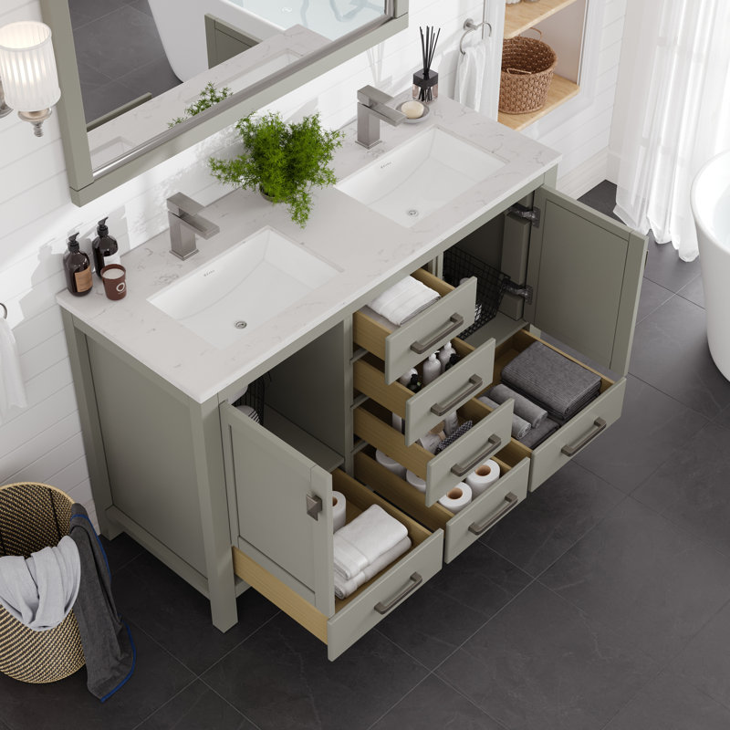Meuble-lavabo double l 48 po x P 18 po Eviva London avec comptoir en quartz de Carrare et lavabos en porcelaine encastrable