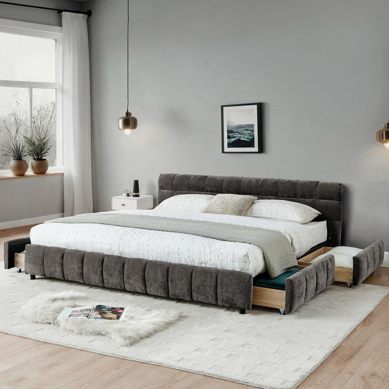 Lit tapissier très grand californien, base de lit tapissier confortable, tissu chenille, avec tête de lit et base de lit solide. Avec tiroir pour le rangement - Gris foncé (90,5 po x 80,5 po x 31 po)