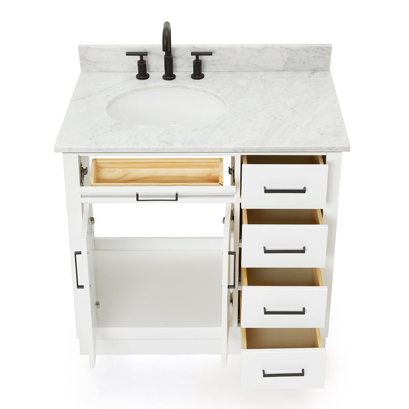 Meuble-lavabo simple Jameal de 36 po en bois massif avec comptoir en marbre de Carrare de 0,75 po et lavabo ovale dÃ©calÃ© Ã  droite