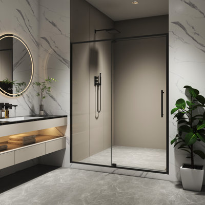 Porte de douche pivotante de 74 po de hauteur 50 à 54 po avec verre trempé de 5/16 po et finition noir mat, ouverture extérieure à 105 degrés, rebond automatique à arbre rotatif, installation facile, réglage de 4 pouces, acier inoxydable 304
