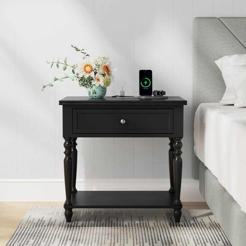 Solid Wood Nightstand With Drawer, Open Shelf, 2 Power Outlets, 1 USB Port, and 1 Type-C Port, Black