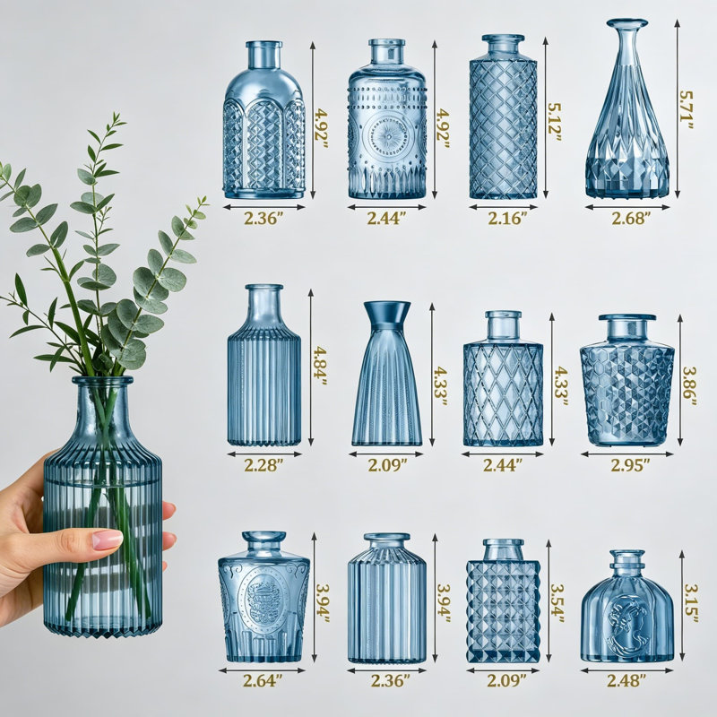 Ensemble de 12 vases à bourgeons bleus, petits vases à fleurs en cristal transparent en vrac, formes variées pour centres de mariage rustiques, décorations de table et décorations pour la maison