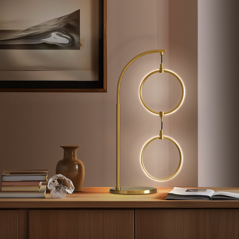 Nova 24 in. Double Hoop Novelty LED Halo Industrial Arched Gold Brass Table Lamp with Built-In 3-Way Dimmer