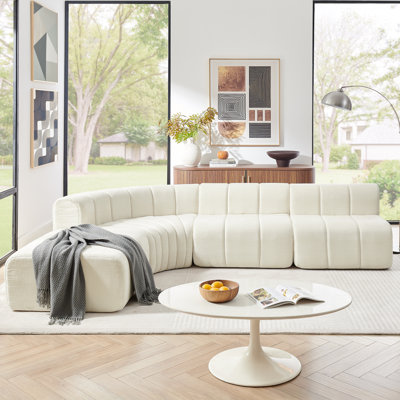 Modern Semi-Curved Modular Sectional Sofa, Vertical Stitched Chenille Soft Couch with Movable Adjustable Ottoman, Rounded Edge Wear-resistant All Season Comfort Floor Sofa for Indoor Use-Beige