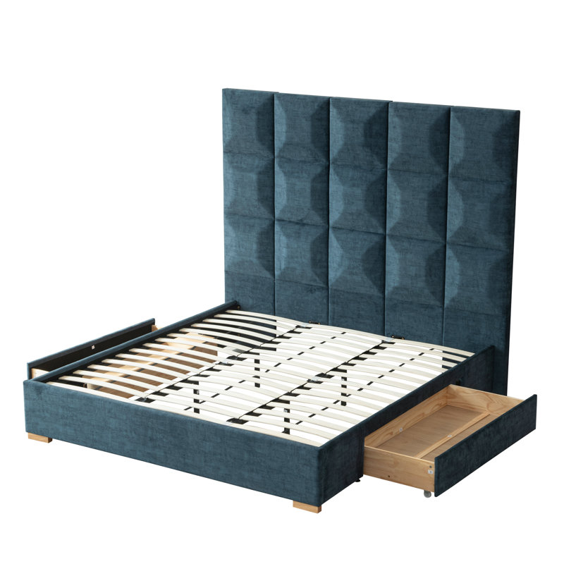 Lit plateforme tapissier de 71,5 po de hauteur avec 2 grands tiroirs de rangement en bois massif, Très grand, Bleu