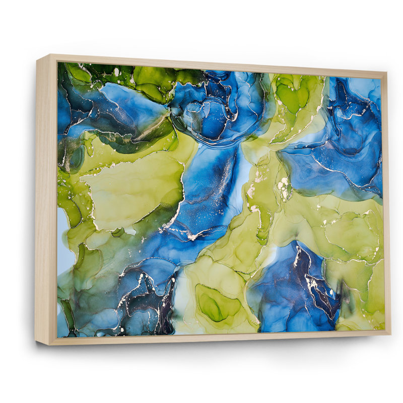 «Blue and Green Luxury Abstract Fluid», peinture sur toile, H 12 po x l 20 po x P 1 po, Cadre flottant en érable
